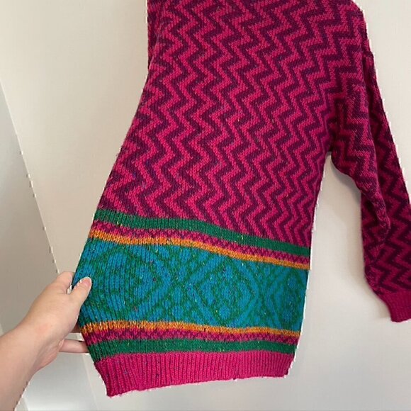 VINTAGE LIZ SPORT Magenta Pink Purple Chevron Stripe Tunic WOOL Blend Sweater M - Picture 10 of 10